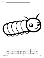 Free printable caterpillar coloring page and word tracing worksheet, perfect for preschool, pre-k, and kindergarten, PDF