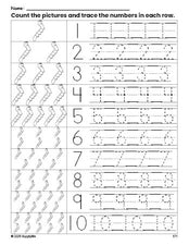 Free printable caterpillar counting worksheet for preschool and pre-k with number tracing practice 1-10, PDF