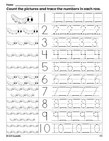 Free printable caterpillar counting worksheet for preschool and pre-k with number tracing practice 1-10, PDF