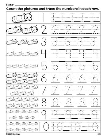 Free printable caterpillar counting worksheet for preschool and pre-k with number tracing practice 1-10, PDF