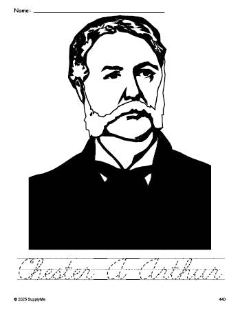 Free printable Chester A Arthur Presidents' Day coloring page and cursive word tracing worksheet, perfect for preschool, pre-k, and kindergarten, PDF