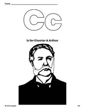 Free printable Chester A Arthur Presidents' Day coloring page, letter c coloring page for preschool, pre-k, and kindergarten, PDF