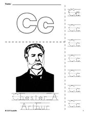 Free printable Chester A Arthur Presidents' Day coloring page and letter tracing worksheet, letter c worksheet for preschool, pre-k, and kindergarten, PDF