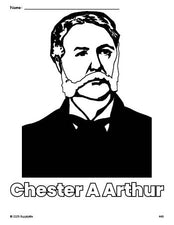 Free printable Chester A Arthur Presidents' Day coloring page for preschool, pre-k, and kindergarten, PDF