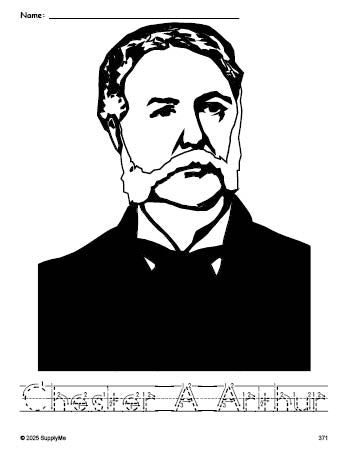 Free printable Chester A Arthur Presidents' Day coloring page and word tracing worksheet, letter formation guides, perfect for preschool, pre-k, and kindergarten, PDF