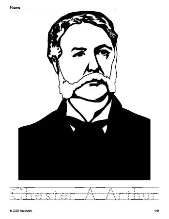 Free printable Chester A Arthur Presidents' Day coloring page and word tracing worksheet, perfect for preschool, pre-k, and kindergarten, PDF