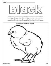 Free chick color black coloring page and color worksheet, black worksheet for preschoolers to learn colors, printable PDF