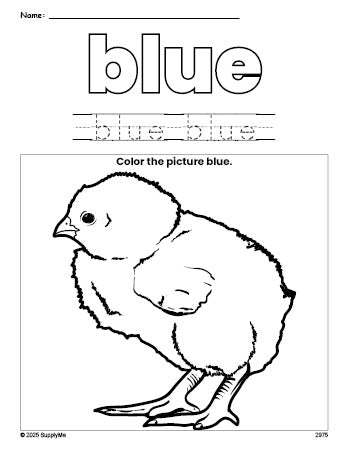 Free chick color blue coloring page and color worksheet, blue worksheet for preschoolers to learn colors, printable PDF