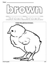 Free chick color brown coloring page and color worksheet, brown worksheet for preschoolers to learn colors, printable PDF