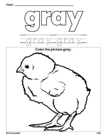 Free chick color gray coloring page and color worksheet, gray worksheet for preschoolers to learn colors, printable PDF