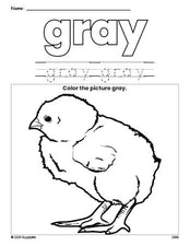 Free chick color gray coloring page and color worksheet, gray worksheet for preschoolers to learn colors, printable PDF