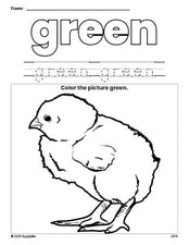 Free chick color green coloring page and color worksheet, green worksheet for preschoolers to learn colors, printable PDF