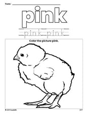 Free chick color pink coloring page and color worksheet, pink worksheet for preschoolers to learn colors, printable PDF