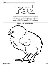 Free chick color red coloring page and color worksheet, red worksheet for preschoolers to learn colors, printable PDF