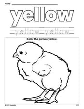 Free chick color yellow coloring page and color worksheet, yellow worksheet for preschoolers to learn colors, printable PDF