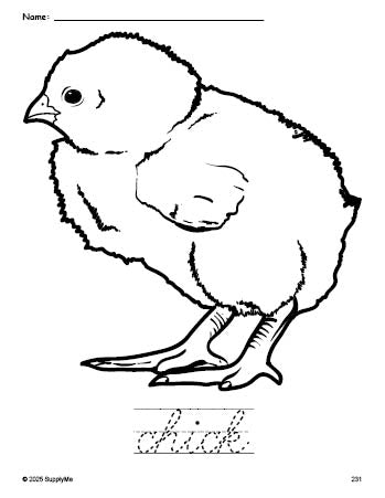 Free printable chick coloring page and cursive word tracing worksheet, perfect for preschool, pre-k, and kindergarten, PDF