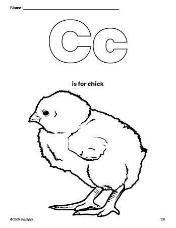 Free printable chick coloring page, letter c coloring page for preschool, pre-k, and kindergarten, PDF