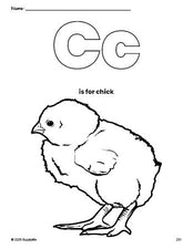 Free printable chick coloring page, letter c coloring page for preschool, pre-k, and kindergarten, PDF