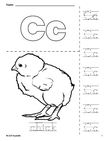 Free printable chick coloring page and letter tracing worksheet, letter c worksheet for preschool, pre-k, and kindergarten, PDF