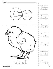 Free printable chick coloring page and letter tracing worksheet, letter c worksheet for preschool, pre-k, and kindergarten, PDF