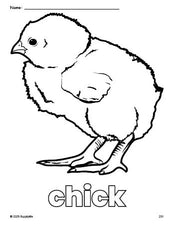 Free printable chick coloring page for preschool, pre-k, and kindergarten, PDF