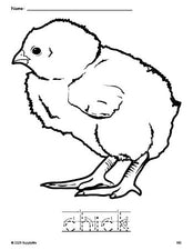 Free printable chick coloring page and word tracing worksheet, letter formation guides, perfect for preschool, pre-k, and kindergarten, PDF