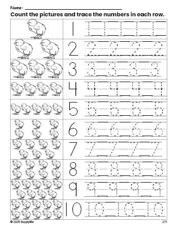 Free printable chick counting worksheet for preschool and pre-k with number tracing practice 1-10, PDF