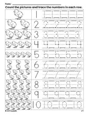 Free printable chick counting worksheet for preschool and pre-k with number tracing practice 1-10, PDF