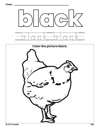 Free chicken color black coloring page and color worksheet, black worksheet for preschoolers to learn colors, printable PDF