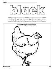 Free chicken color black coloring page and color worksheet, black worksheet for preschoolers to learn colors, printable PDF