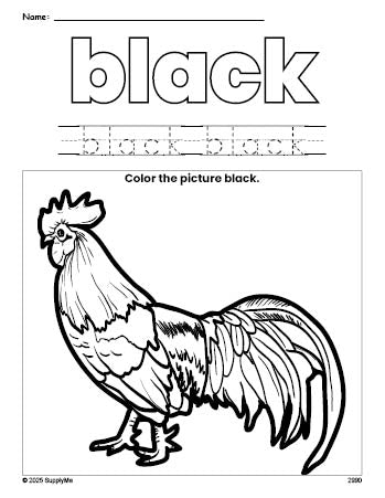 Free chicken color black coloring page and color worksheet, black worksheet for preschoolers to learn colors, printable PDF