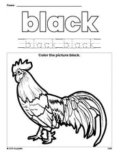 Free chicken color black coloring page and color worksheet, black worksheet for preschoolers to learn colors, printable PDF