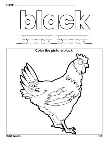 Free chicken color black coloring page and color worksheet, black worksheet for preschoolers to learn colors, printable PDF