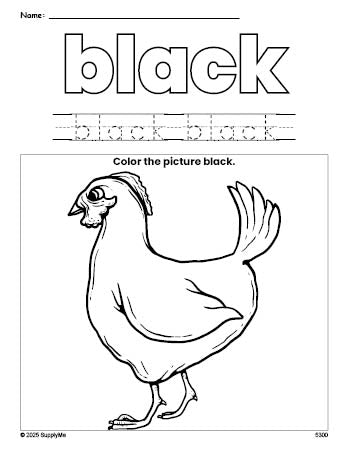 Free chicken color black coloring page and color worksheet, black worksheet for preschoolers to learn colors, printable PDF