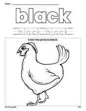 Free chicken color black coloring page and color worksheet, black worksheet for preschoolers to learn colors, printable PDF