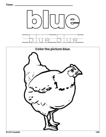 Free chicken color blue coloring page and color worksheet, blue worksheet for preschoolers to learn colors, printable PDF