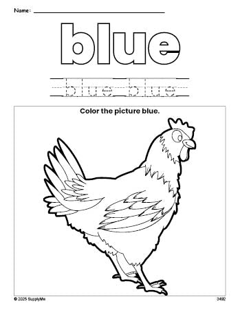 Free chicken color blue coloring page and color worksheet, blue worksheet for preschoolers to learn colors, printable PDF