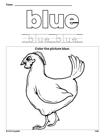 Free chicken color blue coloring page and color worksheet, blue worksheet for preschoolers to learn colors, printable PDF