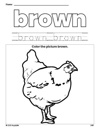 Free chicken color brown coloring page and color worksheet, brown worksheet for preschoolers to learn colors, printable PDF