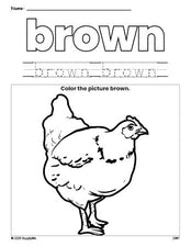 Free chicken color brown coloring page and color worksheet, brown worksheet for preschoolers to learn colors, printable PDF