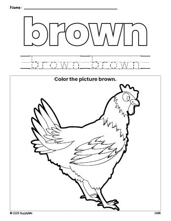 Free chicken color brown coloring page and color worksheet, brown worksheet for preschoolers to learn colors, printable PDF