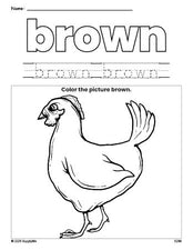 Free chicken color brown coloring page and color worksheet, brown worksheet for preschoolers to learn colors, printable PDF