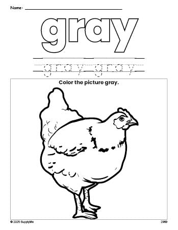 Free chicken color gray coloring page and color worksheet, gray worksheet for preschoolers to learn colors, printable PDF