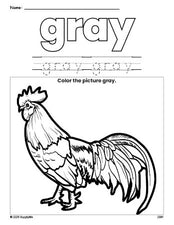 Free chicken color gray coloring page and color worksheet, gray worksheet for preschoolers to learn colors, printable PDF