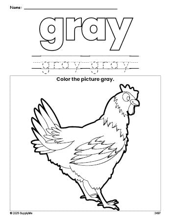 Free chicken color gray coloring page and color worksheet, gray worksheet for preschoolers to learn colors, printable PDF