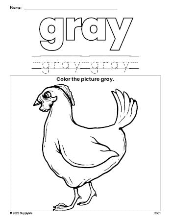 Free chicken color gray coloring page and color worksheet, gray worksheet for preschoolers to learn colors, printable PDF