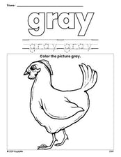 Free chicken color gray coloring page and color worksheet, gray worksheet for preschoolers to learn colors, printable PDF