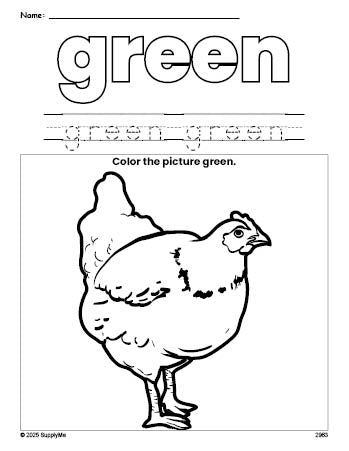 Free chicken color green coloring page and color worksheet, green worksheet for preschoolers to learn colors, printable PDF