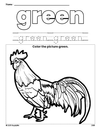 Free chicken color green coloring page and color worksheet, green worksheet for preschoolers to learn colors, printable PDF