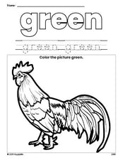 Free chicken color green coloring page and color worksheet, green worksheet for preschoolers to learn colors, printable PDF